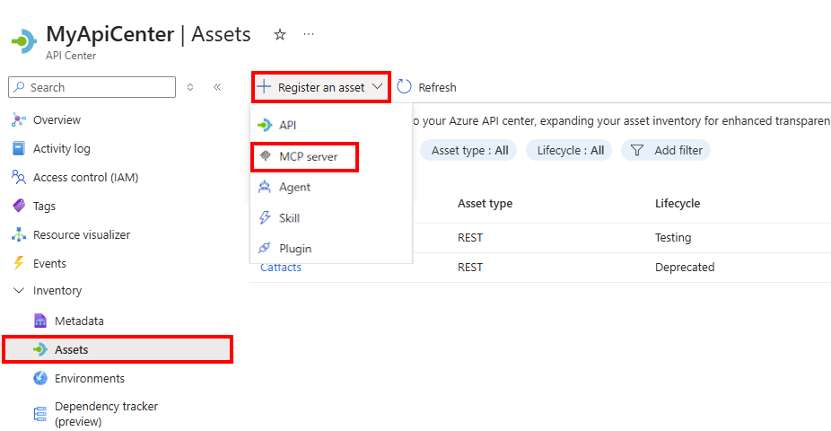 Screenshot showing registration of an MCP server asset in the portal.