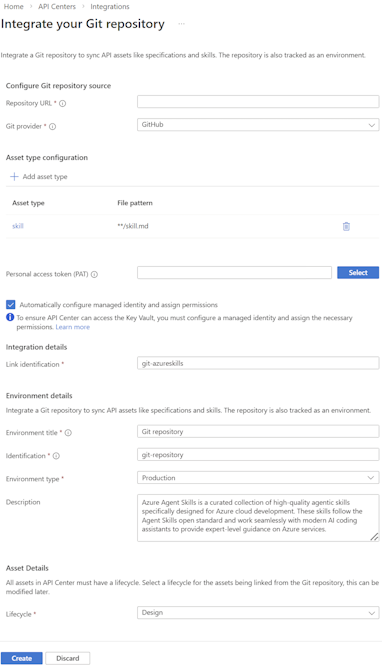 Screenshot of integrating a Git repo in an API center in the portal.