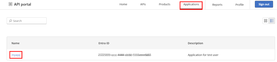 Screenshot of client applications in the developer portal.