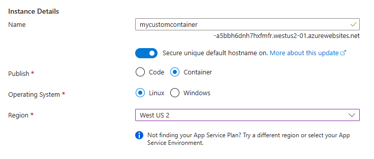 Screenshot that shows the instance details section where you provide a name for the virtual machine and select its region, image, and size.