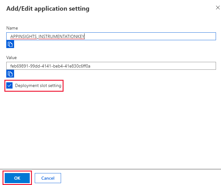Screenshot shows where to configure the deployment slot setting.