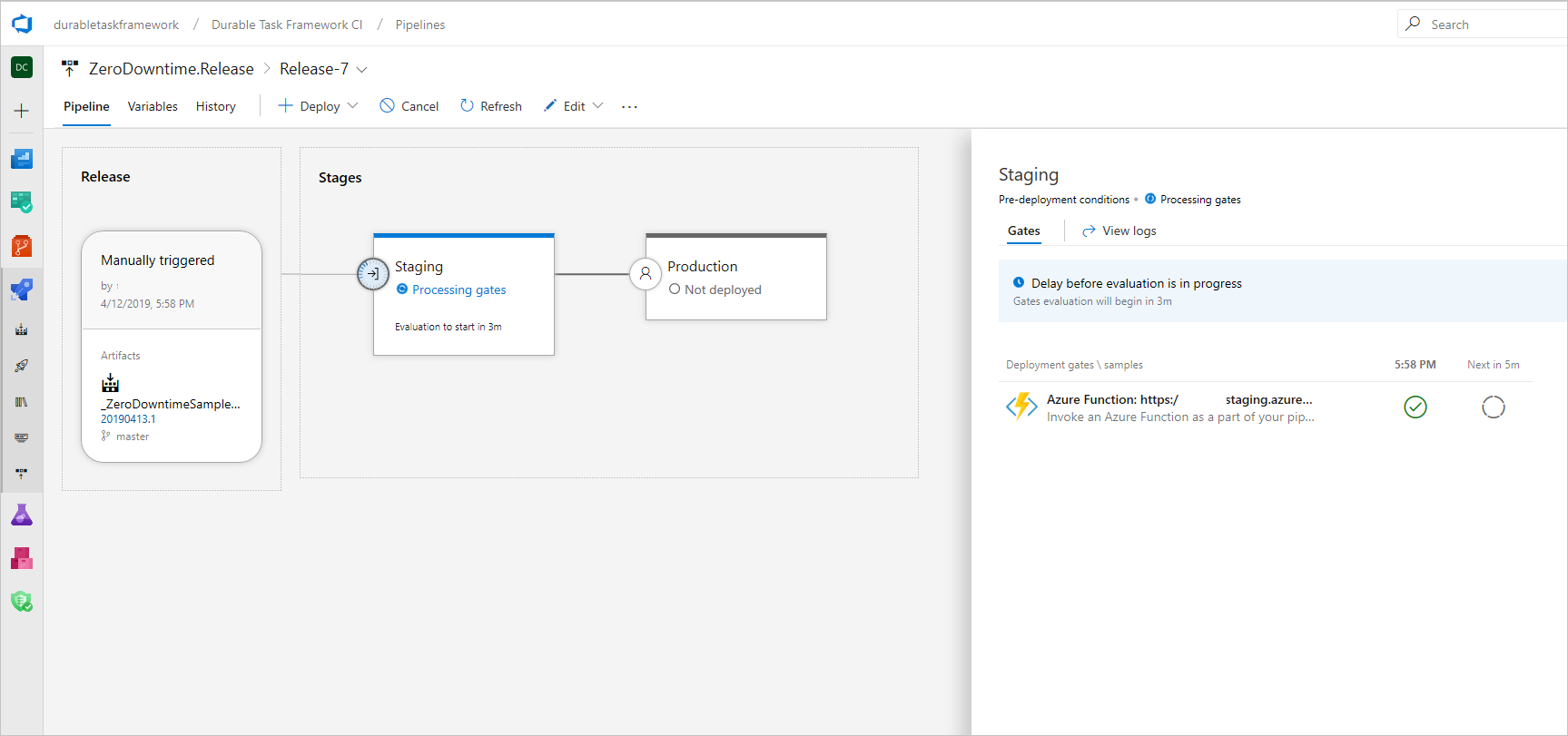 Screenshot of a running Azure Pipelines deployment gate check for orchestration instances.