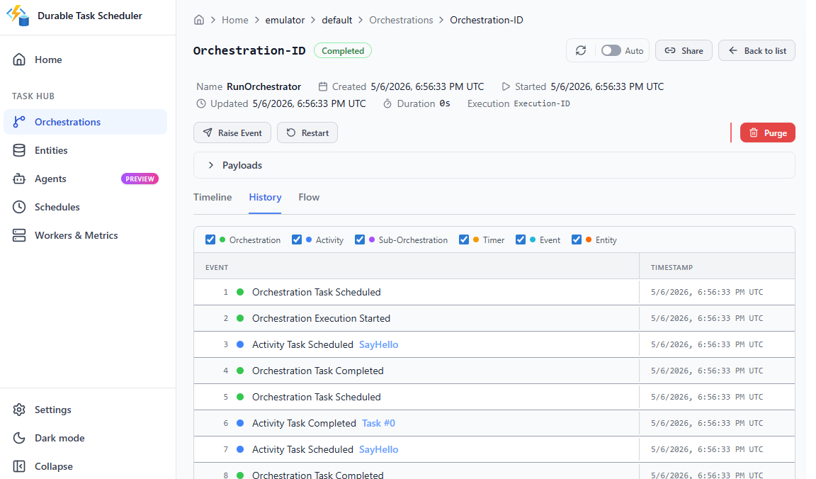 Screenshot of the dashboard showing an individual orchestration's event history.
