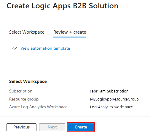 Screenshot shows the Logic Apps B2B solution page, where you can select subscription and plan, then Create.