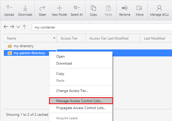 Screenshot of the right-click context menu in Azure Storage Explorer showing the Manage Access Control Lists option for a directory.