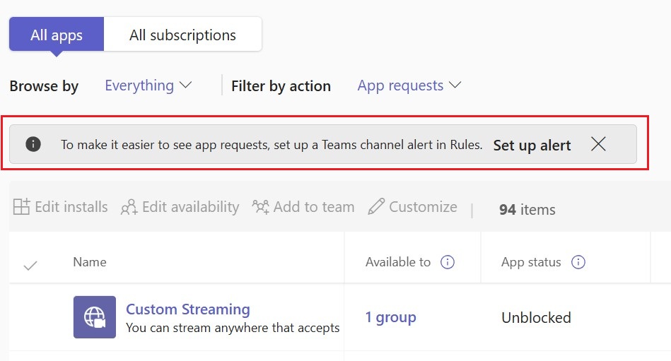 Screenshot shows the notification for admins to set up alerts on a channel whenever user requests for an app.