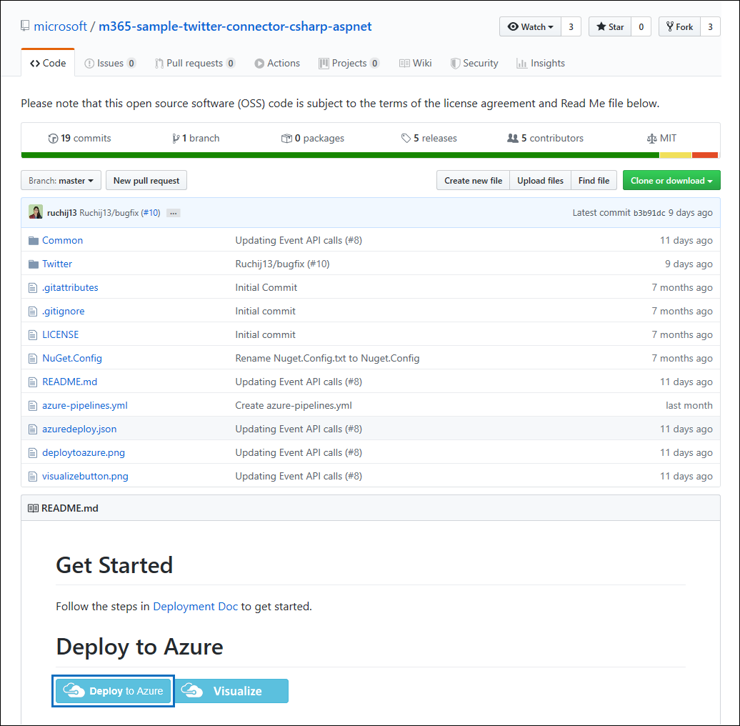 Screenshot of the GitHub repository page with the Deploy to Azure button highlighted.