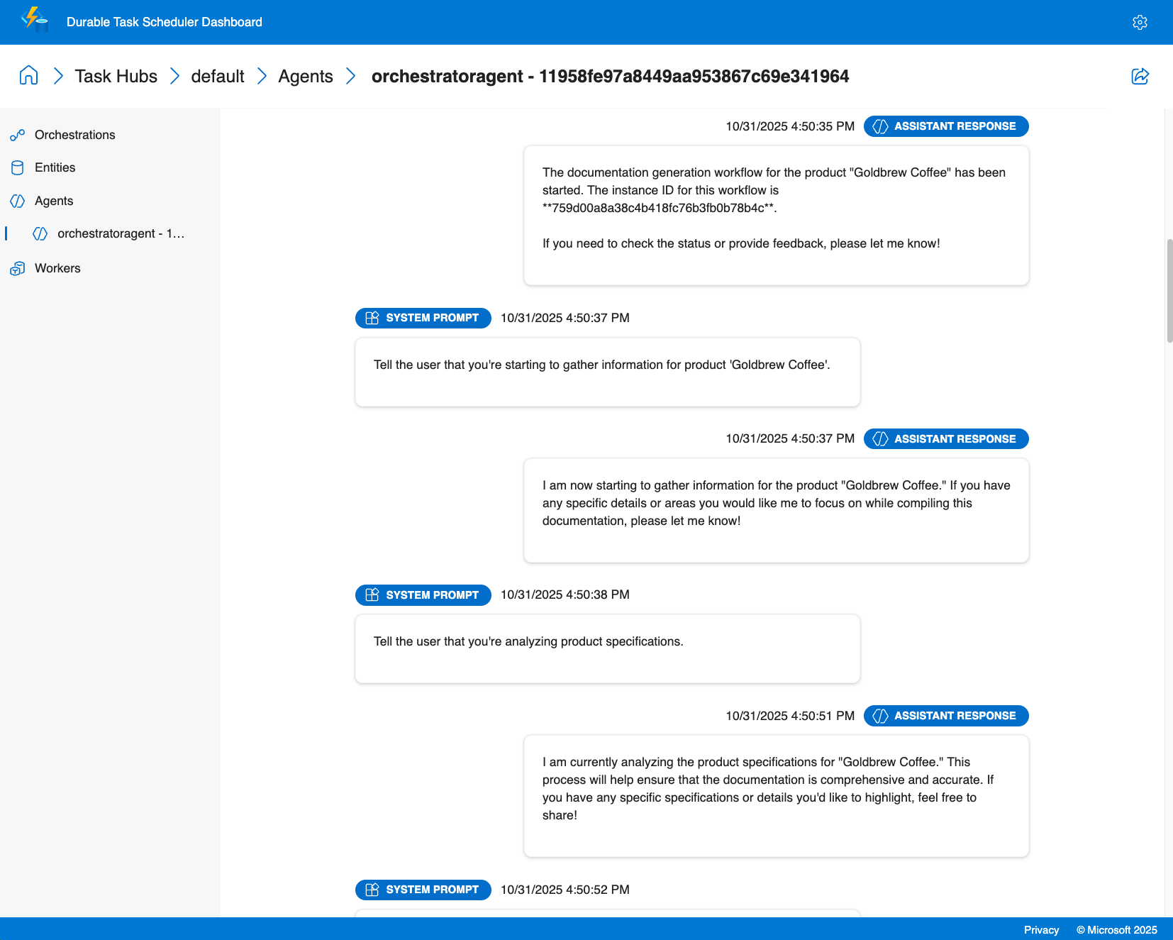Screenshot of the Durable Task Scheduler dashboard showing agent chat history with conversation threads and messages.