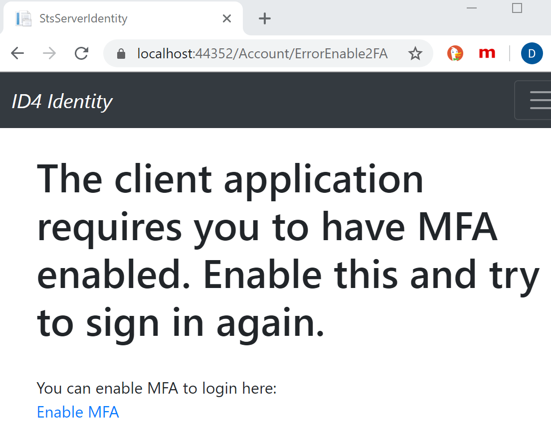 Screenshot showing the client requires sign in with multifactor authentication and the 'Enable MFA' option.