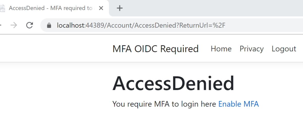Screenshot showing access is denied when the user signs in without MFA.