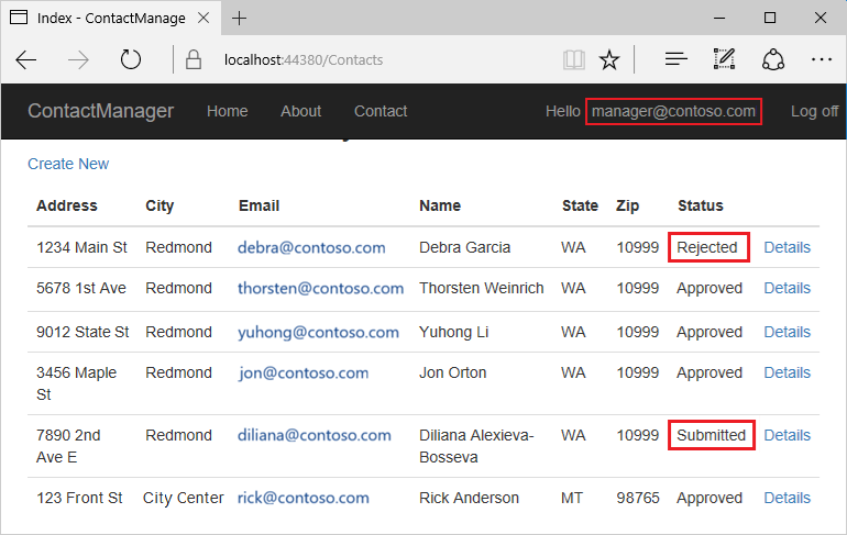 Screenshot showing the user 'manager@contoso.com' signed in to the web app with visibility of management features.