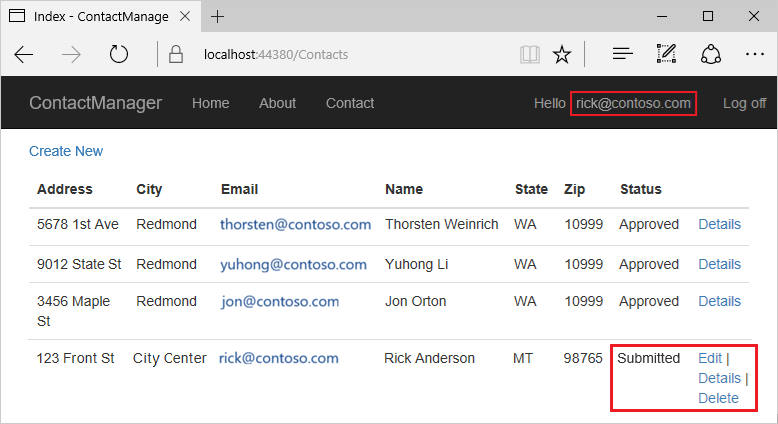 Screenshot showing the user 'rick@contoso.com' signed in to the web app.