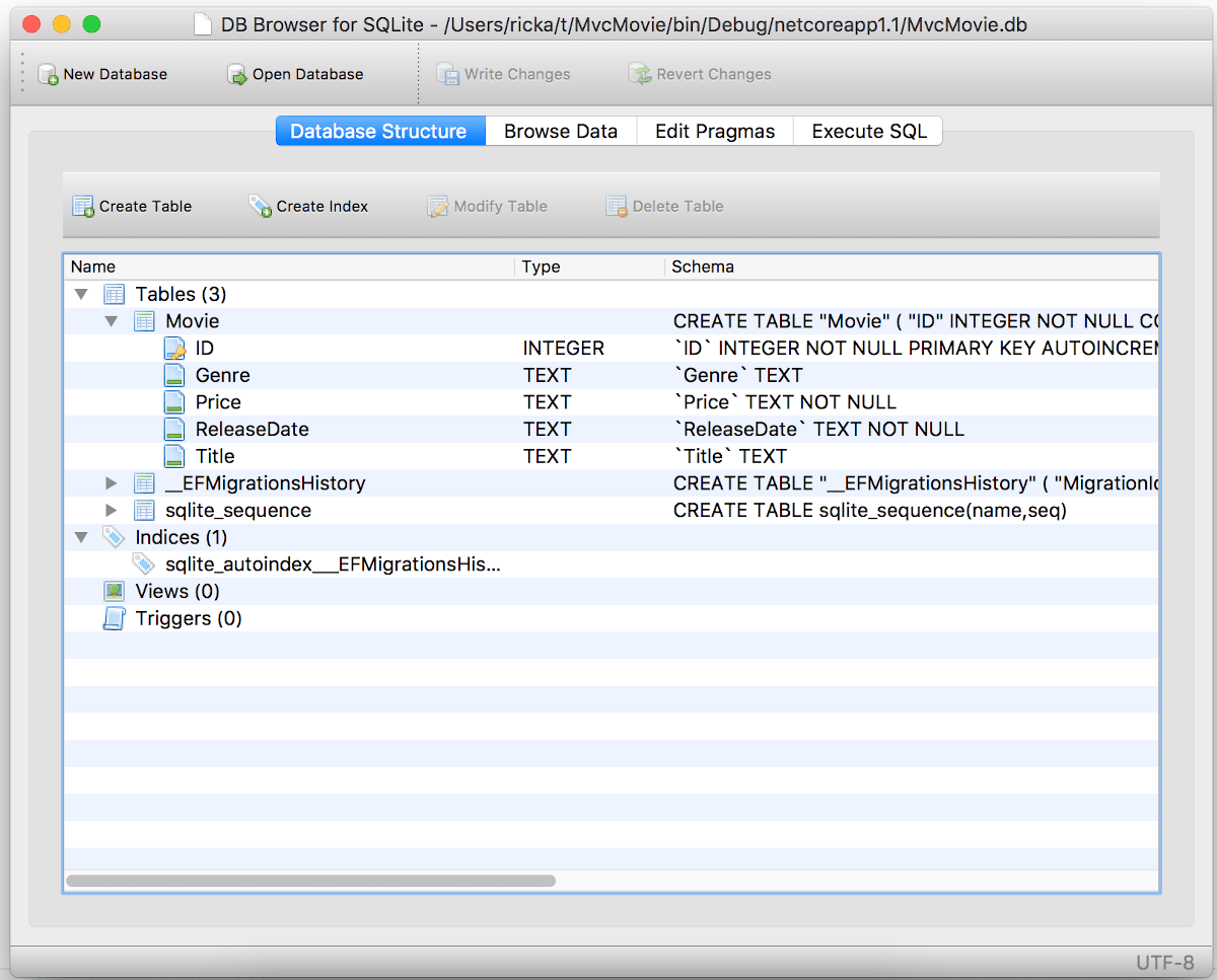 DB Browser for SQLite showing movie database.