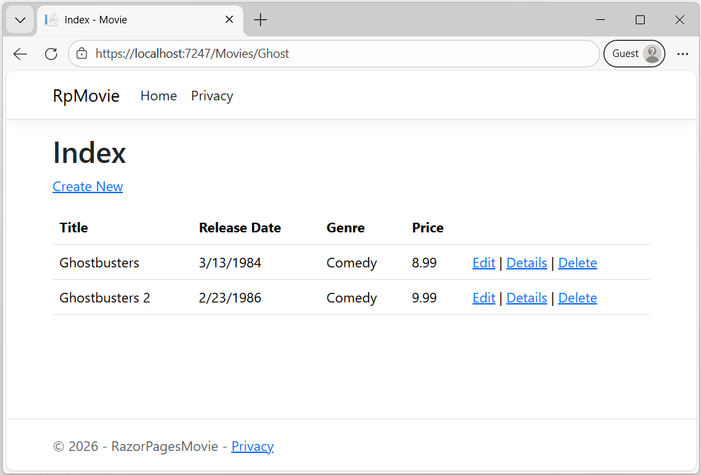 Index view with the word ghost added to the Url and a returned movie list of two movies, Ghostbusters and Ghostbusters 2.