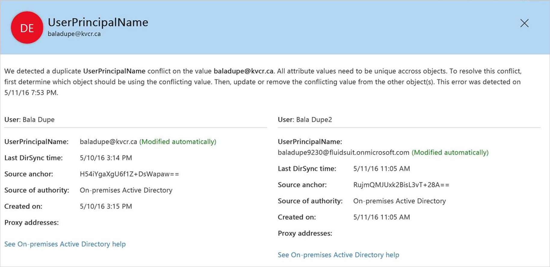 Active Users Screenshot that shows directory synchronization errors in the Microsoft 365 admin center.