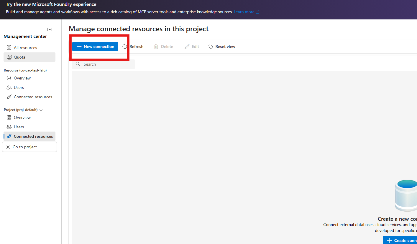 Screenshot of the Manage connected resources page with New connection highlighted.