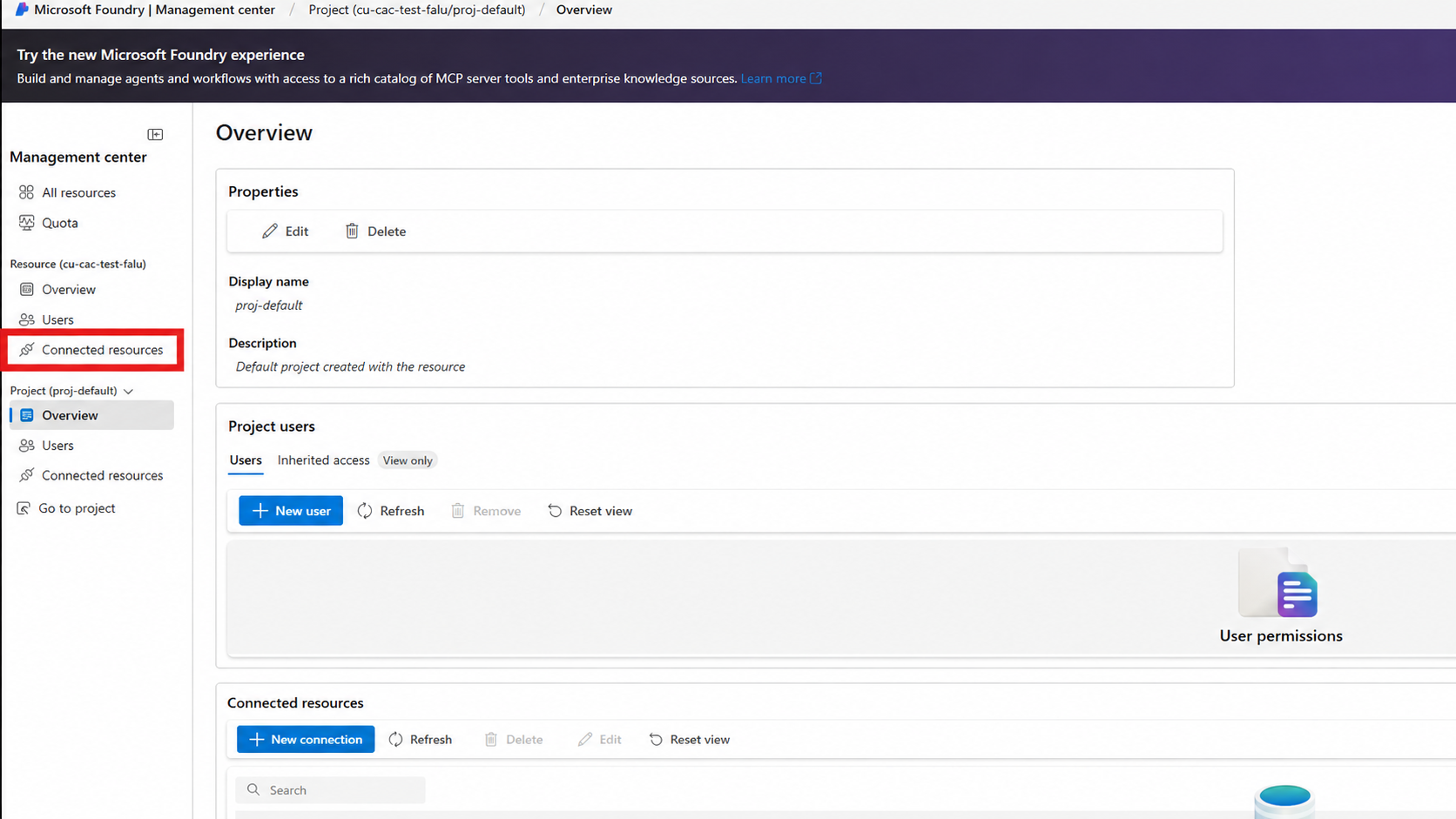 Screenshot of the Management center navigation with Connected resources highlighted.