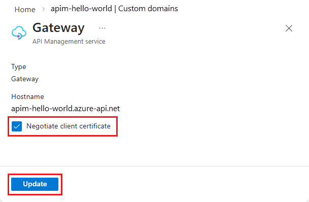 Screenshot shows the negotiate client certificate option for a custom domain.