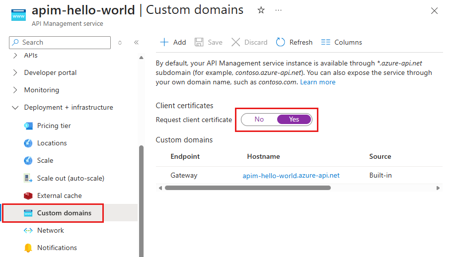 Screenshot shows the option to request client certificate for custom domains.