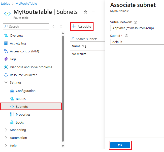 Screenshot of associate the route table to the App Service subnet.