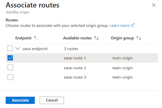 Screenshot that shows how to select the routes to associate with an origin group.
