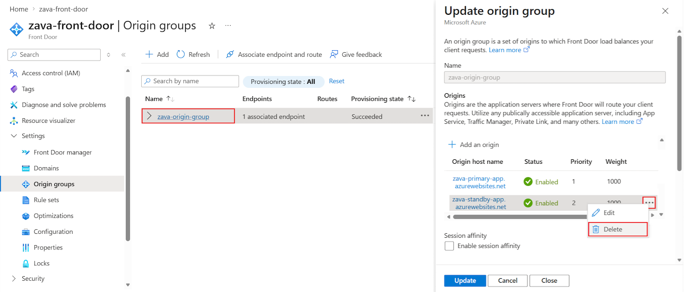 Screenshot that shows how to temporarily remove an Azure Front Door origin slot.