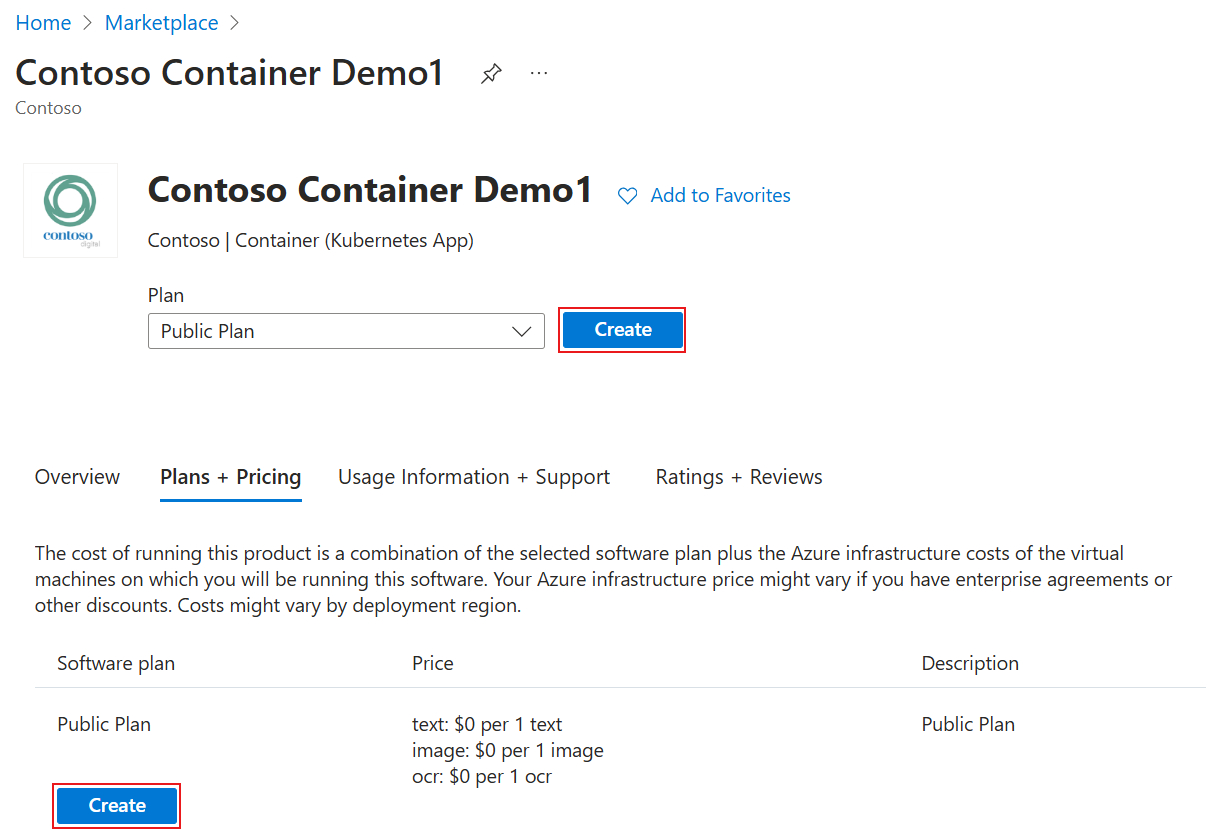 Screenshot of the Plans + Pricing page for a Kubernetes offer in Microsoft Marketplace.