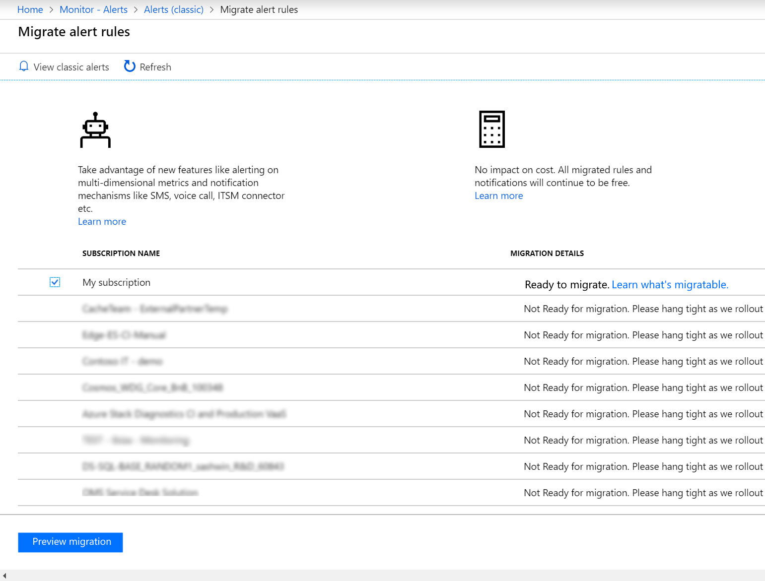 Migrate rules Screenshot shows Migrate alert rules page.