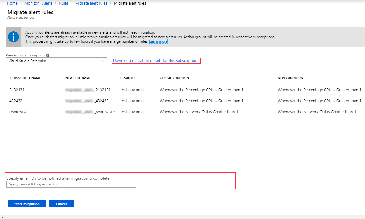 Preview migration Screenshot shows the Migrate alert rules page with a link to Download migration details for this subscription and you can specify email for migration notification.