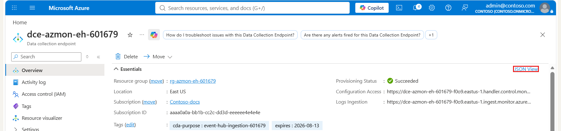 Screenshot that shows the data collection endpoint Overview screen.