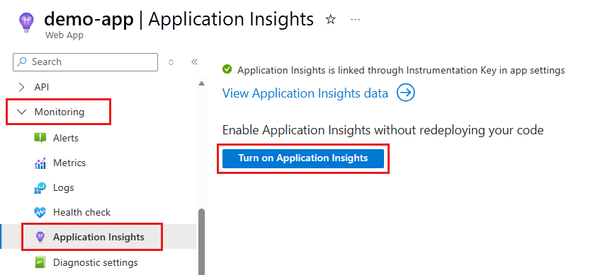 Screenshot that shows turning on Application Insights for your app.