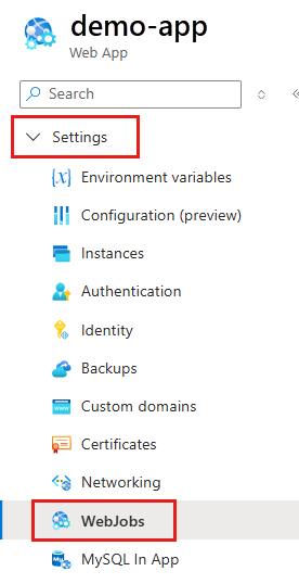 Screenshot that shows selecting web jobs on the left menu.
