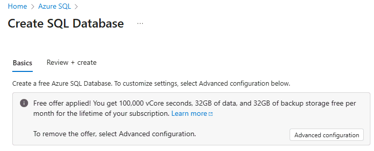 Screenshot from the Azure portal of the Free offer applied banner.