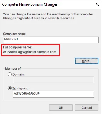 Screenshot showing the 'Computer Name/Doman Changes' dialog box with the 'Full computer name' highlighted.