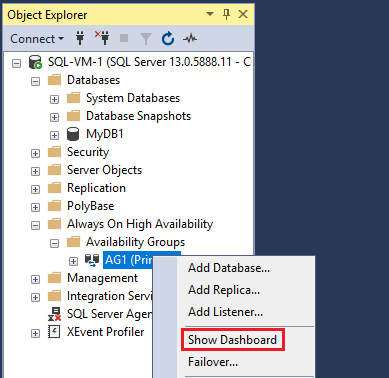 Screenshot of the right-click menu in SSMS Object Explorer with Show Availability Group Dashboard selected.