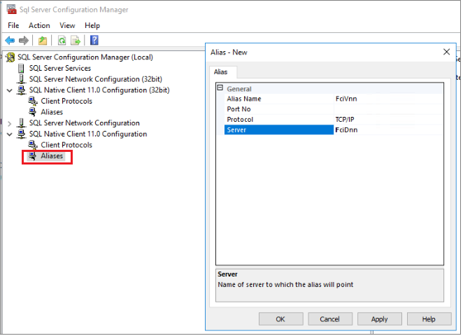 Screenshot of configuring the DNN DNS name as the network alias using SQL Server Configuration Manager.