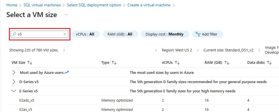 Screenshot of the Azure portal VM size filter example filtering by generation v5.
