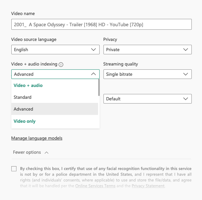 Screenshot showing indexing video options for featured clothing.