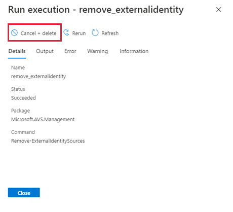 Screenshot that shows the option for canceling and deleting a run command.
