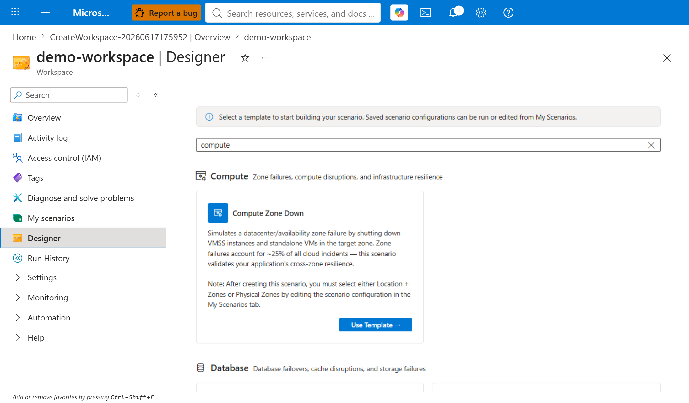 Screenshot of the Scenario designer showing template categories and the Compute Zone Down template with a Use Template button.