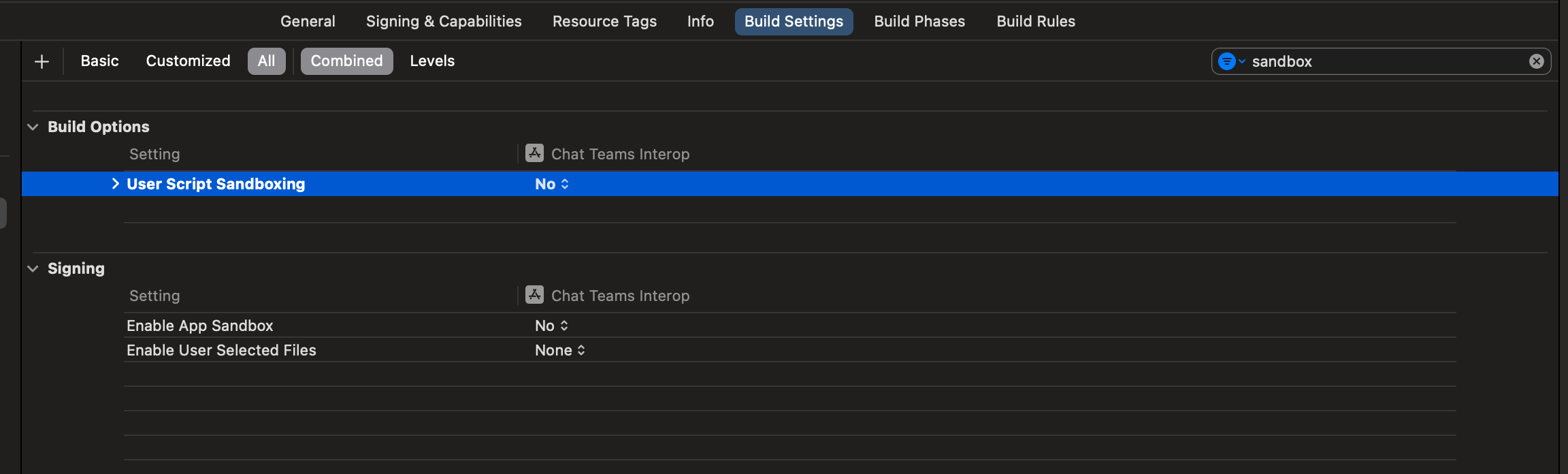 Screenshot that shows the Build Settings option to turn off User Script Sandboxing.