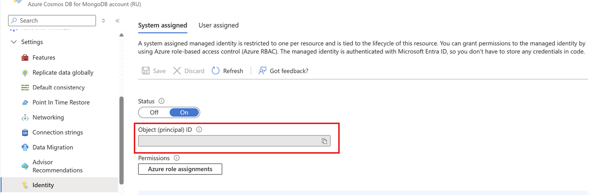 Screenshot of the Azure portal Identity settings page showing system-assigned managed identity configuration options.