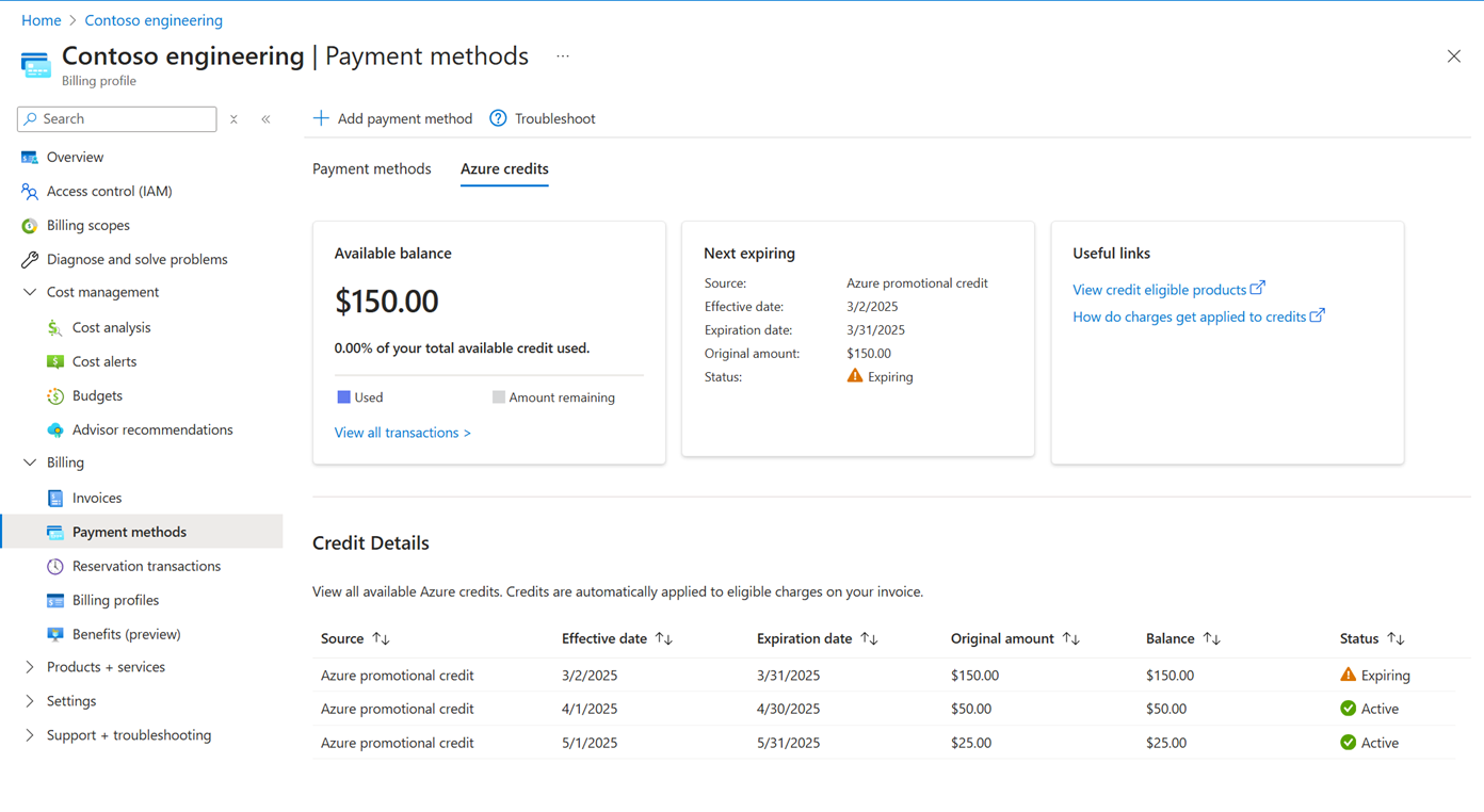 Screenshot that shows the tab for Azure credits in the Azure portal.