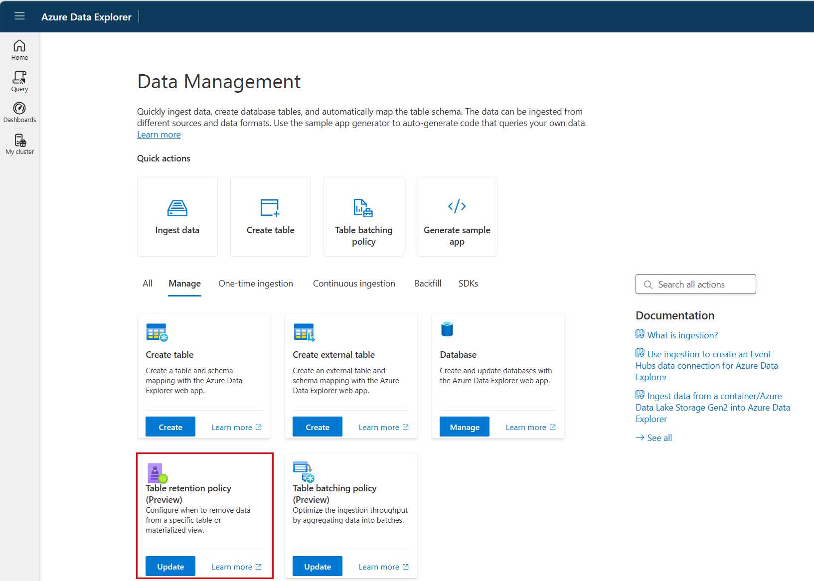 Screenshot of Data management screen showing the table retention policy wizard in the Azure Data Explorer web UI.