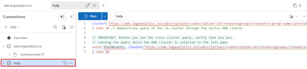 Screenshot showing cross-service query from the Azure Data Explorer web UI.