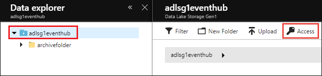 Assign permissions for the Data Lake Storage Gen1 root Screenshot of the Data explorer with the root of the account and the Access option called out.