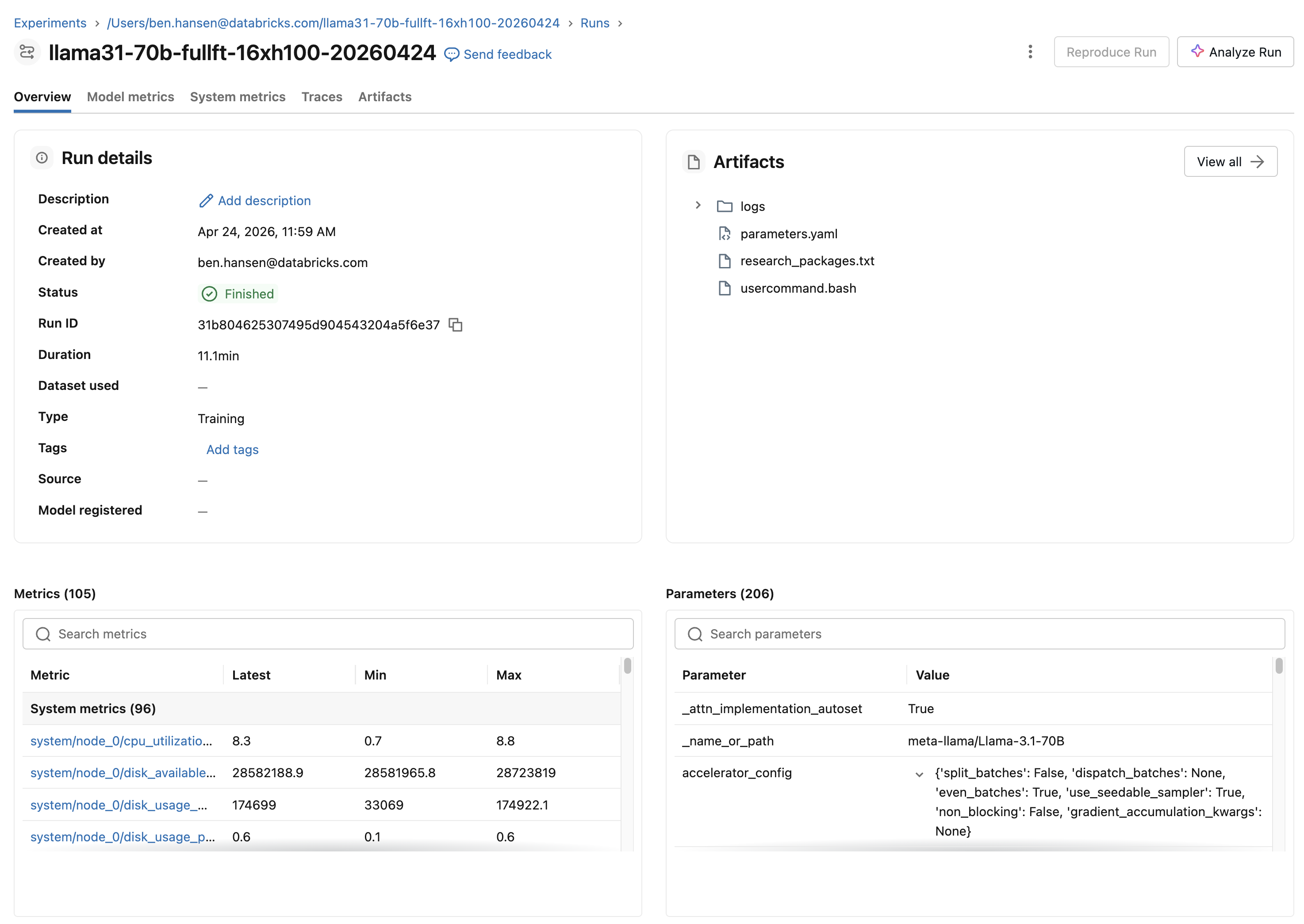 MLflow run page showing metrics