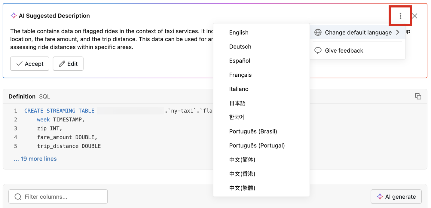 Language selector in the AI Suggested Description overflow menu.