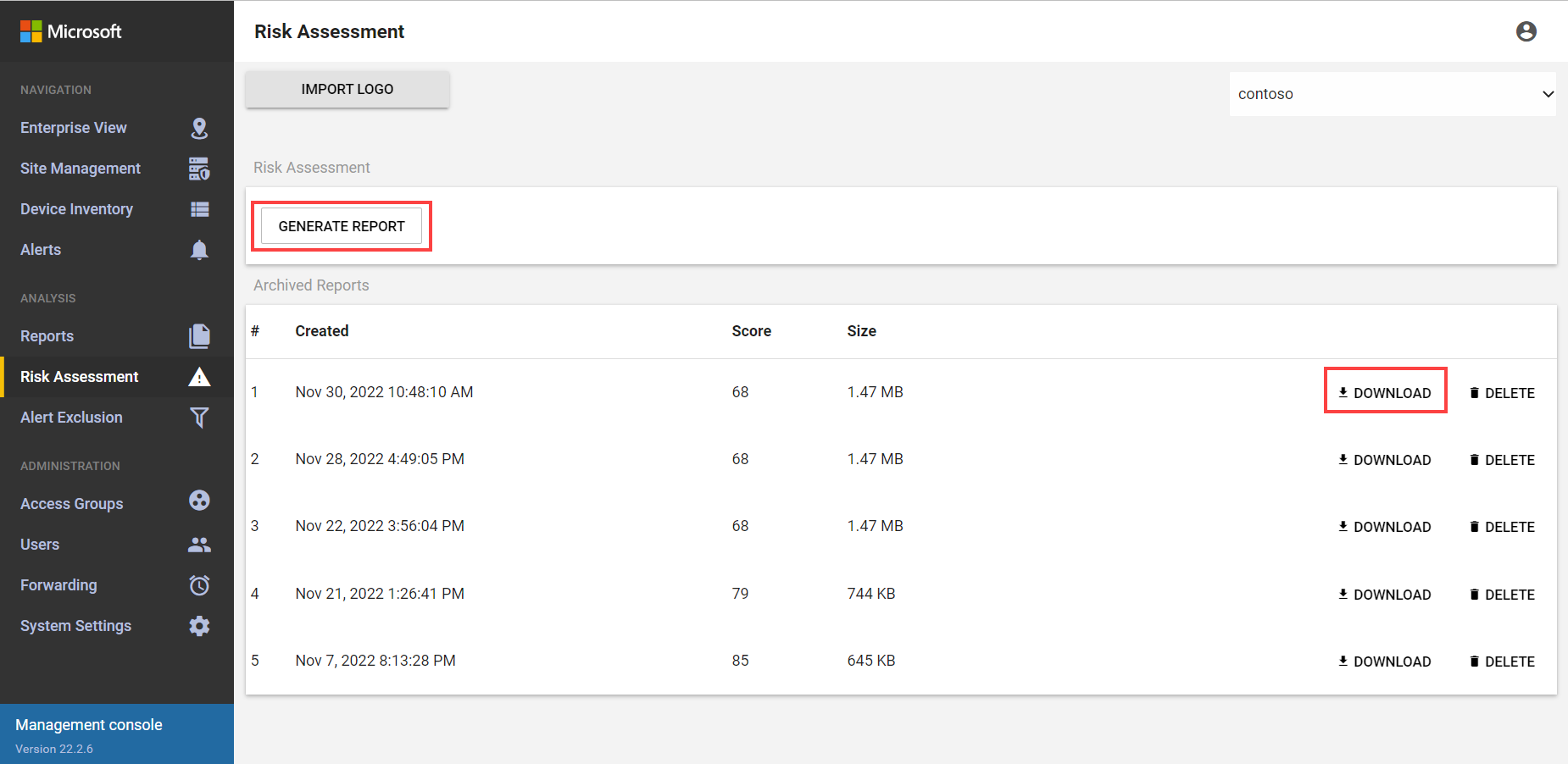 Screenshot of a list of archived reports.