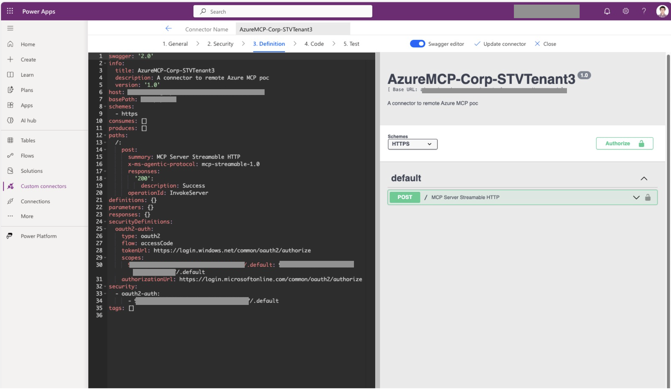 Screenshot of Swagger editor with POST root method selected and custom x-ms-agentic-protocol property set to mcp-streamable-1.0 for MCP interaction.